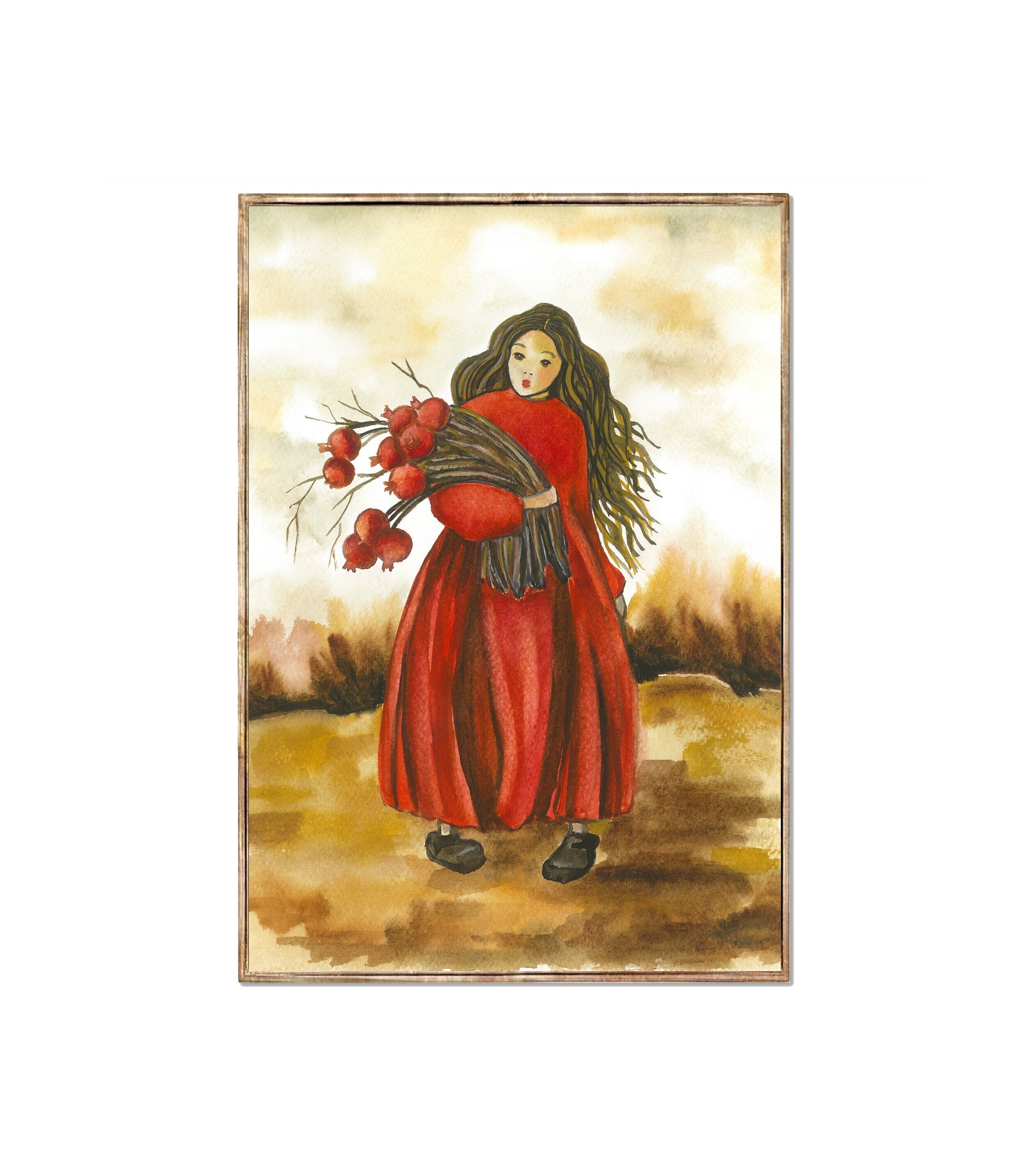 Girl and Pomegranate Art Print Kids Room Decor Pomegranate Watercolor Painting Minimalist Wall Decor Girl in Red Dress Art by RigelStarStore