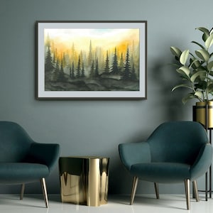 Foggy Forest Art Print Sunset Forest Watercolor Painting Misty Pine Trees Poster Evergreen Forest Landscape Wall Art by RigelStarStore image 2