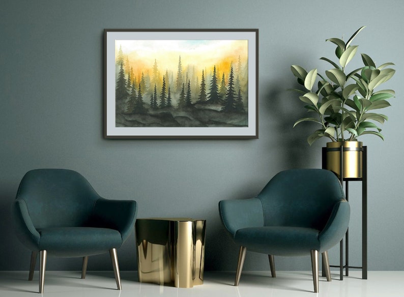 Foggy Forest Art Print Sunset Forest Watercolor Painting Misty Pine Trees Poster Evergreen Forest Landscape Wall Art by RigelStarStore image 2