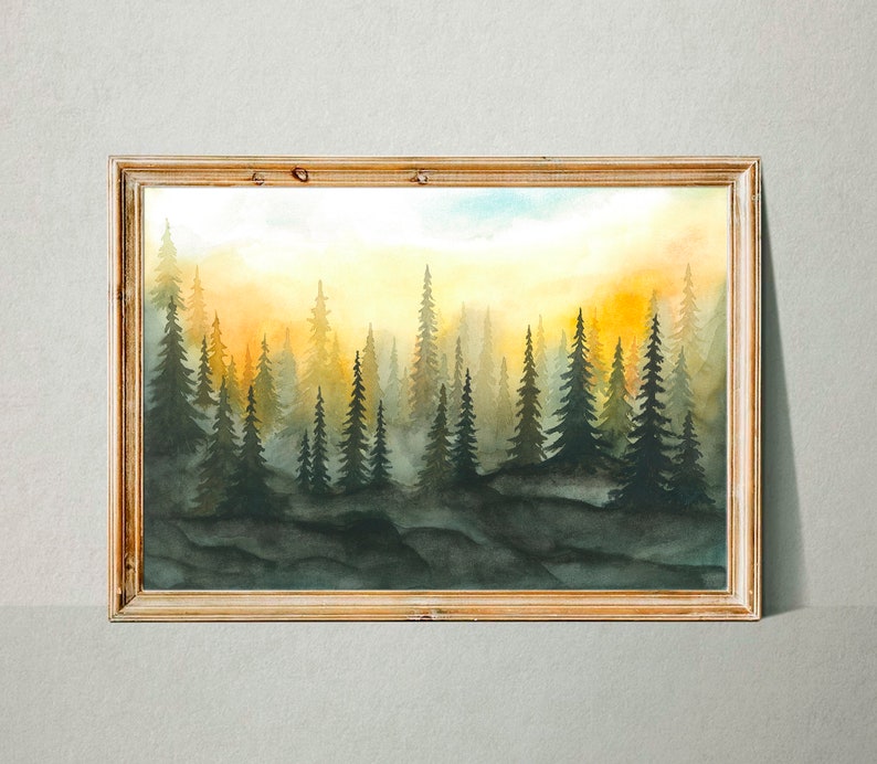 Foggy Forest Art Print Sunset Forest Watercolor Painting Misty Pine Trees Poster Evergreen Forest Landscape Wall Art by RigelStarStore image 5