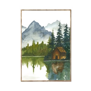Mountain Lake Art Forest Cabin Painting Woodland Wall Decor Misty Mountain Landscape Painting Minimalist Watercolor Art by RigelStarStore