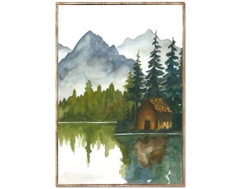 Mountain Lake Watercolor Art Print | Misty Forest Cabin Wall Decor