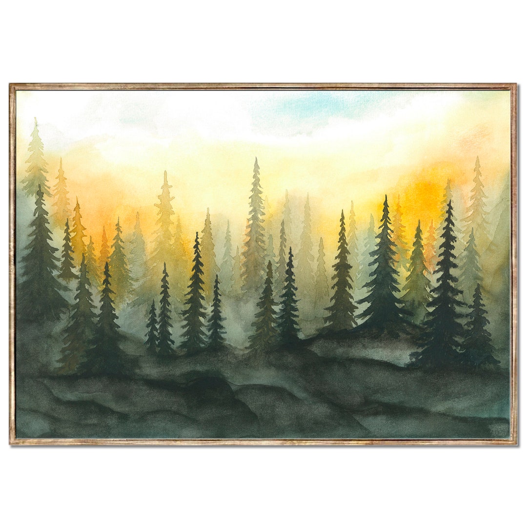 Foggy Forest Art Print Sunset Forest Watercolor Painting Misty Pine ...