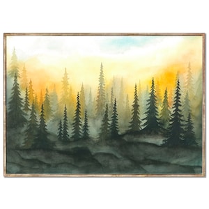Foggy Forest Art Print Sunset Forest Watercolor Painting Misty Pine Trees Poster Evergreen Forest Landscape Wall Art by RigelStarStore