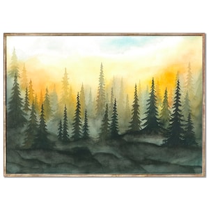 Foggy Forest Art Print Sunset Forest Watercolor Painting Misty Pine Trees Poster Evergreen Forest Landscape Wall Art by RigelStarStore image 1