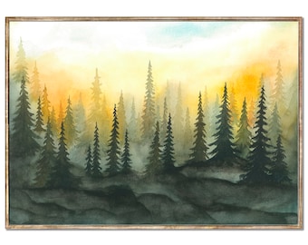 Foggy Forest Watercolor Painting: Misty Pine Tree Art Print