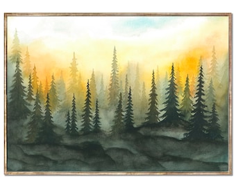 Foggy Forest Art Print Sunset Forest Watercolor Painting Misty Pine Trees Poster Evergreen Forest Landscape Wall Art by RigelStarStore