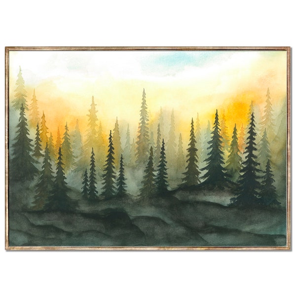 Foggy Forest Art Print Sunset Forest Watercolor Painting Misty Pine Trees Poster Evergreen Forest Landscape Wall Art by RigelStarStore