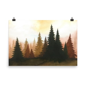Sunset Forest Art Print Pine Trees Watercolor Painting Terracotta and Black Wall Art Minimalist Landscape Wall Decor by RigelStarStore image 4
