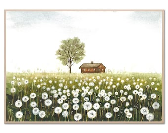 Dandelion Field Watercolor Painting Art Print, Cabin Wall Decor