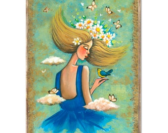 Woman in Blue Art Print Blue Dress Oil Painting Chickadee Poster Wreath Daisies Wall Art Butterfly Artwork Young Woman by RigelStarStore