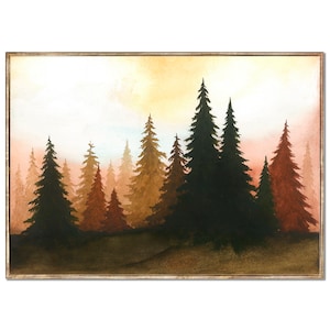 Sunset Forest Art Print Pine Trees Watercolor Painting Terracotta and Black Wall Art Minimalist Landscape Wall Decor by RigelStarStore image 1