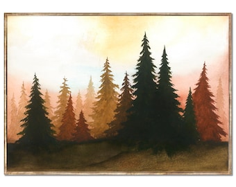 Sunset Forest Art Print Pine Trees Watercolor Painting Terracotta and Black Wall Art Minimalist Landscape Wall Decor by RigelStarStore