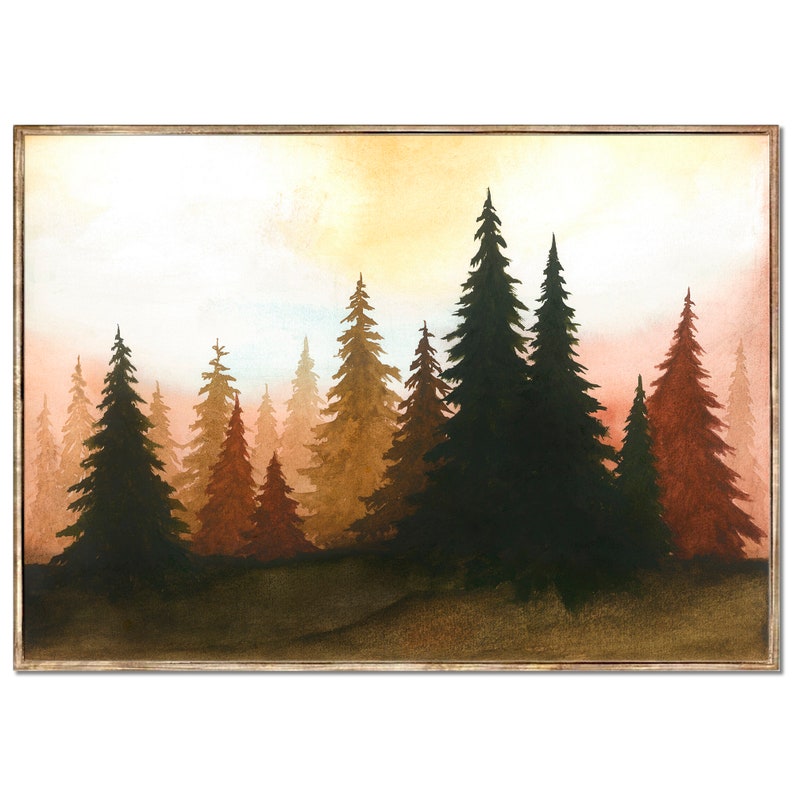 Sunset Forest Art Print Pine Trees Watercolor Painting Terracotta and Black Wall Art Minimalist Landscape Wall Decor by RigelStarStore image 1