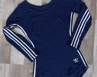 Vintage Adidas anni '70/'80 da donna allenamento body manica lunga canotta Made in Germania occidentale blu navy