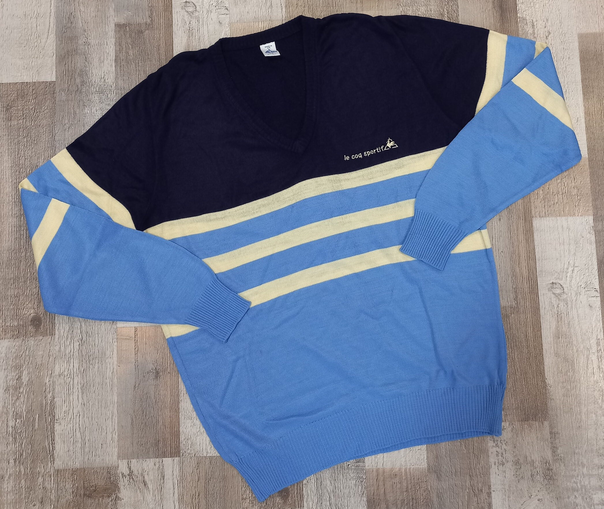 Vintage 1983 85 Le Coq Sportif Sweater Sweatshirt V neck Size M L Acrylic 80 s Blue navy off White Etsy UK