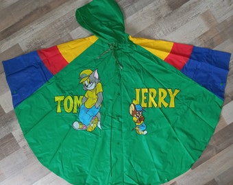 Vintage 1997 Tom & Jerry Kids' Rain Poncho Size 12 years 90's Green