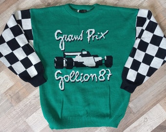 Vintage 1987 Grand Prix F1 Gollion 87 Knit Sweater Size M Acryl Mint Green/White/Black