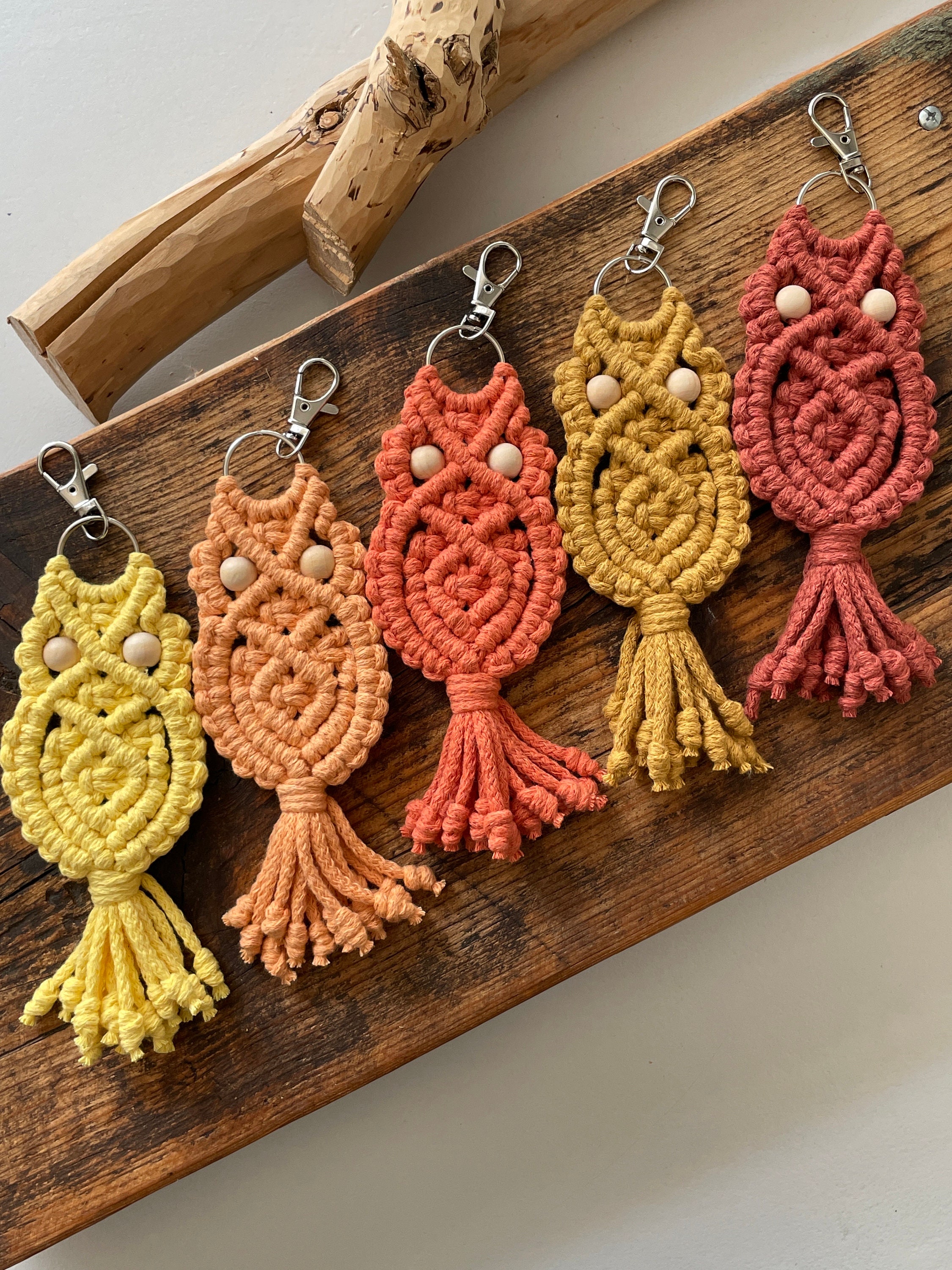 Handmade Macrame Owl Keychain: Boho Bag Charm with Wooden Beads