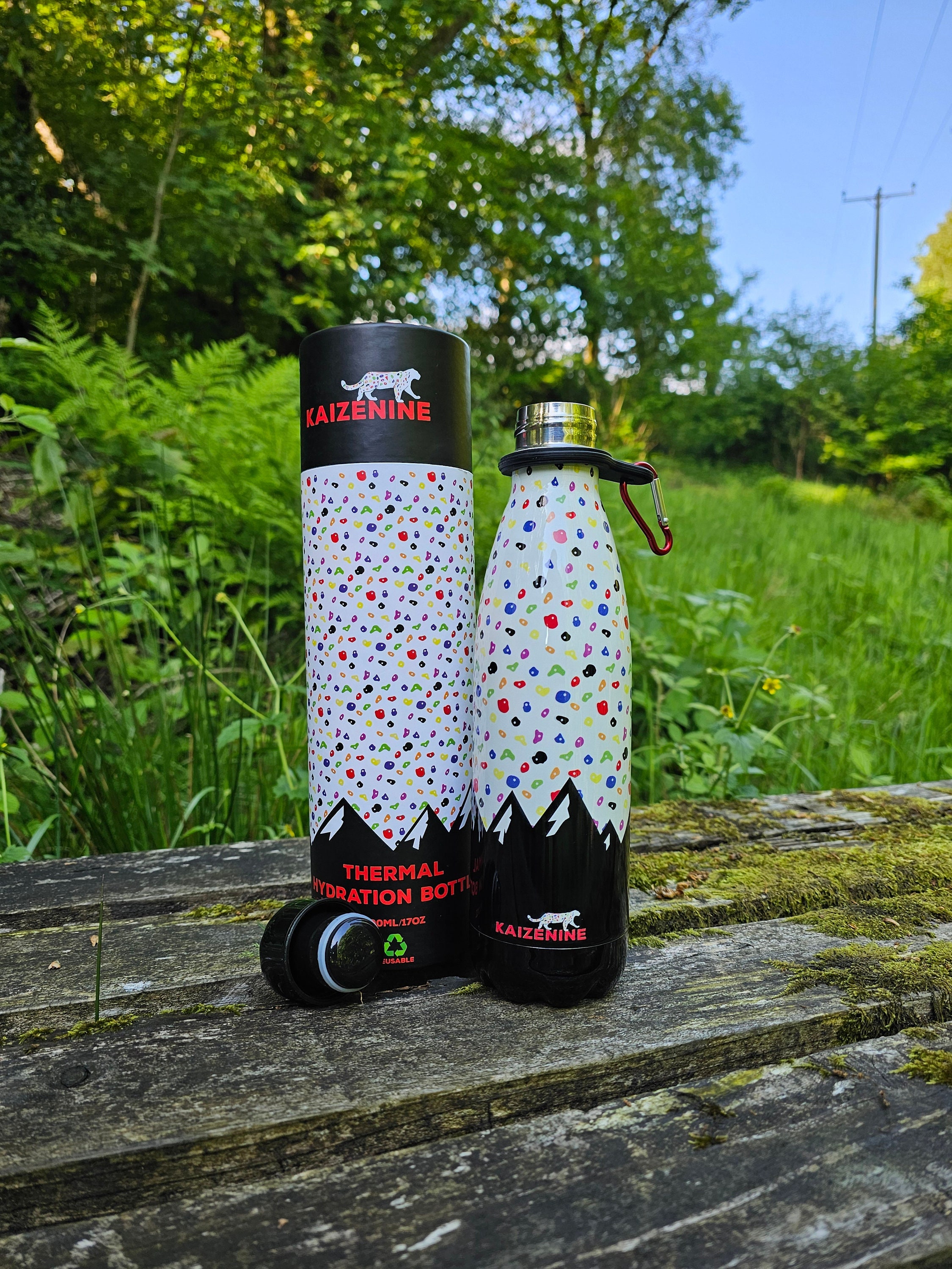 3dRock Climber Themed Stainless Steel Water Bottle - 21 Oz, Double Cap, Carabiner Clip