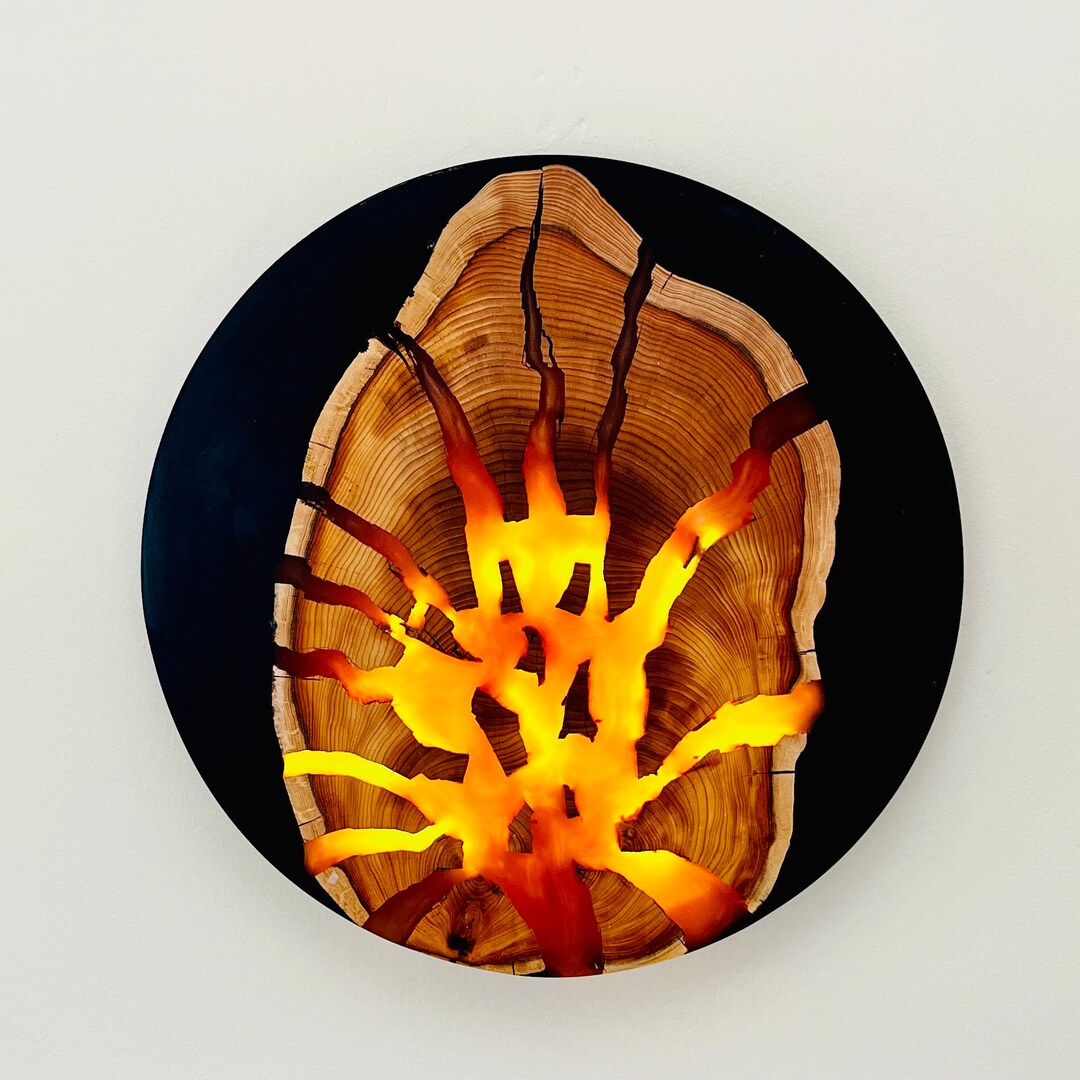 The Flame - Light-up, Wood and Resin Wall Art, Hand Made, 34cm Round ...