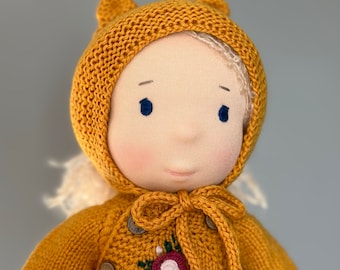 Waldorf doll is a unique handmade gift with doll clothes set. Curly blonde hair, natural fabrics. The best baby gift with gift box. IN STOCK