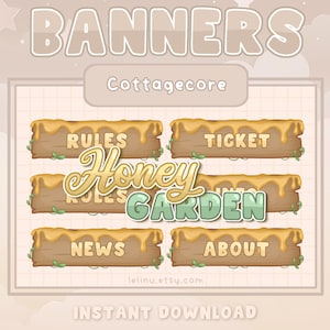 K&ouml;nnte beinhalten: Ein Satz von f&uuml;nf digitalen Bannern mit Cottagecore-Thema. Die Banner sind aus Holz mit tropfendem Honig und zeigen den Text "Regeln", "Ticket", "Honiggarten", "Neuigkeiten" und "&Uuml;ber uns".