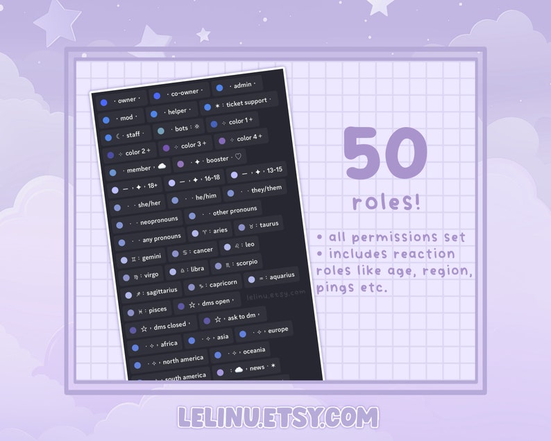 May include: A graphic with a dark background and a grid pattern. The graphic features 50 different roles for a Discord server, including owner, co-owner, mod, helper, bots, staff, member, color roles, booster, age roles, pronouns, zodiac signs, and location roles. The text "50 roles!" is displayed in large, white letters. The text "all permissions set" and "includes reaction roles like age, region, pings etc." is displayed in smaller white letters. The text "LELINU.ETSY.COM" is displayed in white letters at the bottom of the graphic.