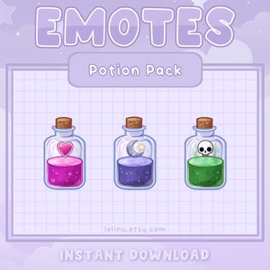 Könnte beinhalten: Drei Zaubertrankflaschen mit verschiedenen farbigen Flüssigkeiten und Symbolen im Inneren. Die Flaschen sind mit "Potion Pack" beschriftet und Teil eines Sets digitaler Emojis. Der Text "lelinu.etsy.com" und "INSTANT DOWNLOAD" ist ebenfalls sichtbar.
