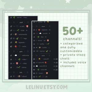 Peut inclure: Une illustration num&eacute;rique d'une disposition de serveur Discord avec plus de 50 canaux, cat&eacute;goris&eacute;s et personnalisables. Le serveur comprend des chats priv&eacute;s pour le personnel et des canaux vocaux. Le texte "50+ canaux !" est affich&eacute; en vert sur un fond blanc.