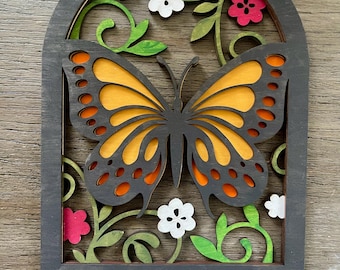 Colorful Butterfly Wooden Key Holder with Floral Design