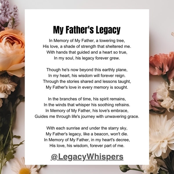 Minimalist In Memory of My Father's Legacy Poem Instant Download Tribute Dad Daddy Digital Art  Celebration of Life Commercial Use