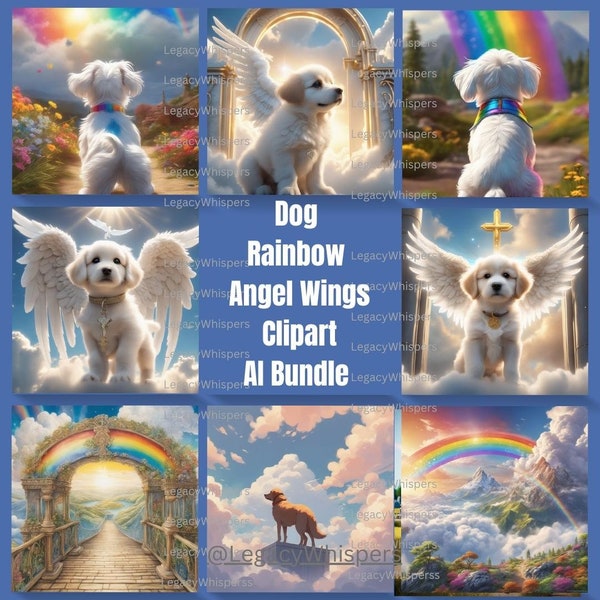 Pet Loss Dog Angel Wings Rainbow Background Bundle POD Clipart Funeral Backdrop Collage Supplies Digital Print Junk Journal Commercial Use