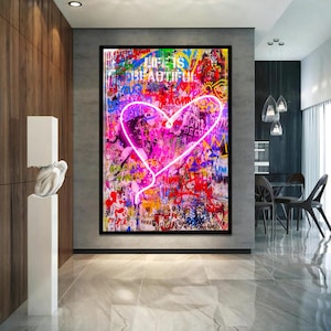 Neonlicht hart uitgerekt extra groot canvas print stedelijke moderne graffiti kunst muur gamer kamer decor tiener kerst liefde cadeau voor haar