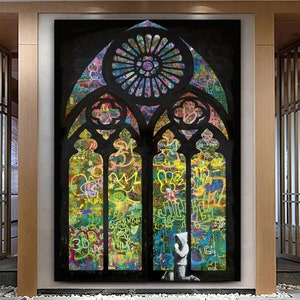 Forgive Us Our Trespassing Banksy stained glass boy Stretched Extra large Canvas Print Modern Graffiti Art Wall Teenage Christmas Gift