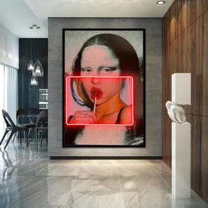 Mona Lisa with Neon Light Stretched Extra large Leinwanddruck Urban Modern Graffiti Art Wand Gamer Zimmer Dekor Teenage Love Geschenk für Sie