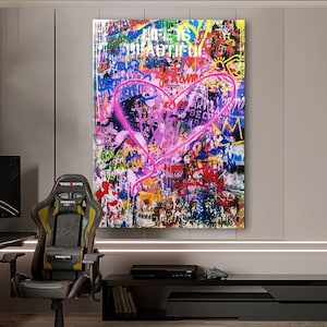Coeur néon tendu Extra large toile impression graffiti moderne urbain art mural chambre Gamer décoration de Noël chez les adolescentes cadeau d&#39;amour pour elle