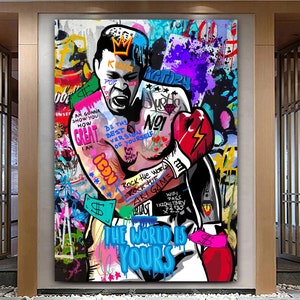 Mohamed Ali Stretched Extra large Canvas Print Urban Modern Colorful Graffiti Art Wall Gym Design Sport Teenage Christmas Gift for Him