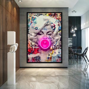 Icon of style Monroe with Led Neon Light Stretched Extra large Canvas Print Urban Modern Graffiti Art Wall Decor Teenage Love Gift for Her