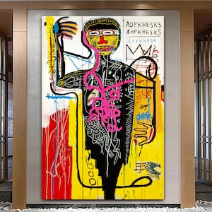 May include: Abstract art painting of a person with a black outline and pink, yellow, red, blue, and white details. The painting has the text "AOPKHESKS AOPKHESKS AOPKHESK" on the right side.