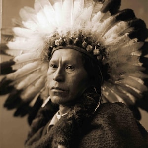 Puede incluir: Un retrato en blanco y negro de un hombre nativo americano con un tocado tradicional con plumas. Está mirando directamente a la cámara con una expresión seria. La foto está subtitulada "431. JAMES A. GARFIELD. CHIEF OF APACHES. COPYRIGHT 1900. ROSE AND HOPKINS. DENVER."