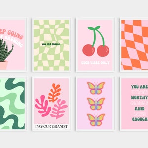 Retro Maximalist Aesthetic Prints | Wall Collage Set of 8 | Pink Green Trendy Wall Art | Digital Download | Groovy Checkered | Room Decor