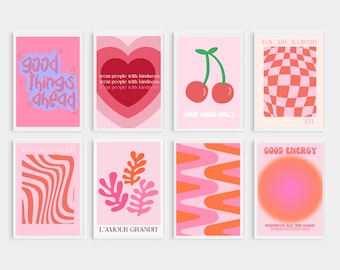 Impresiones estéticas maximalistas retro rosas / Conjunto de collage de pared de 8 / Descarga digital Groovy Trendy Wall Art / Impresiones a cuadros / Decoración de la habitación
