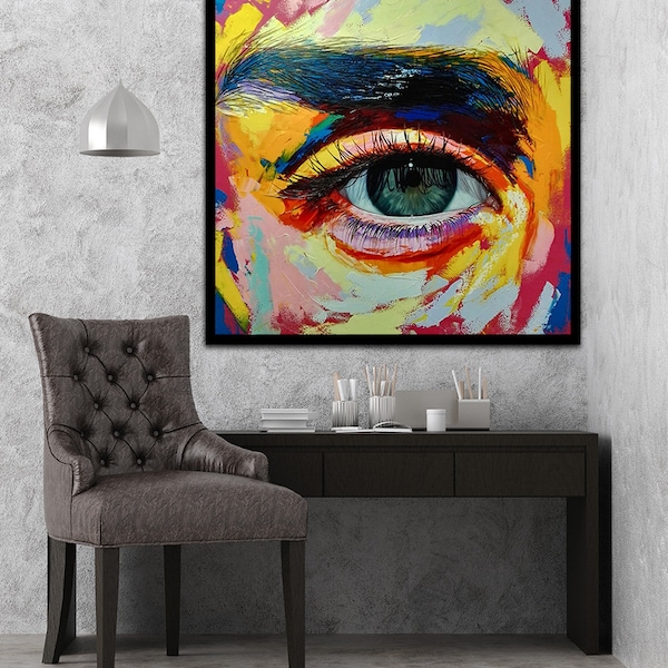 green eye canvas, painted face decor, eye detailed print, artificial intelligence visuals print, eyelash wall decor