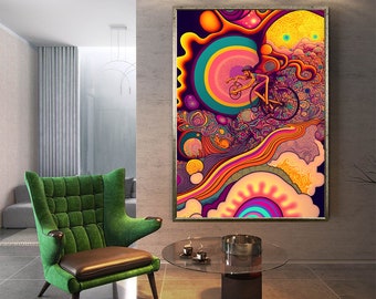 abstract canvas colorful room decor using a bicycle, modern canvas painting in vibrant colors, abstract trend minimalist canvas