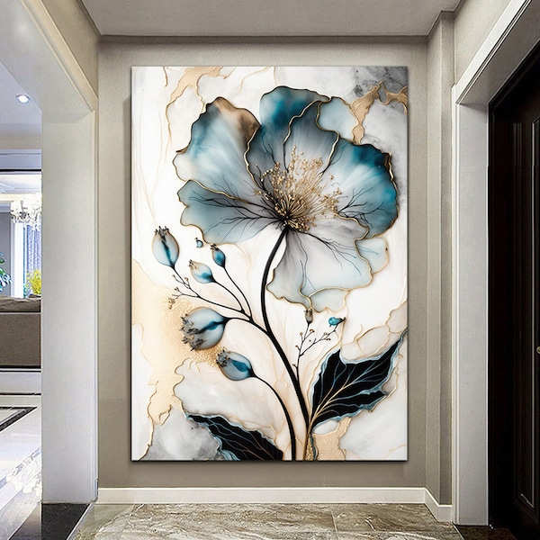 blue flower with marble pattern,oil painting patterned canvas,blue  flower canvas, blue rose canvas print, ready to hang canvas print,