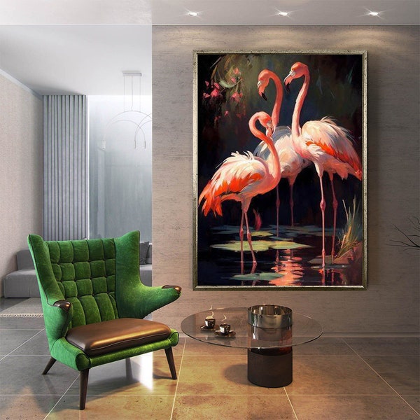 Orange triple flamingo canvas painting, Flamingo canvas, Animals home decor, Flamingo decor, Pink flamingo canvas, brave animal paintings