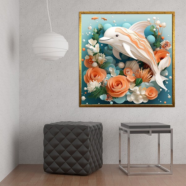 origami dolphin canvas, orange floral dolphin decor, artificial intelligence visuals printing,