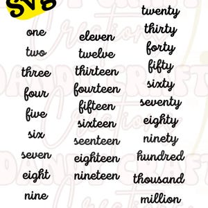 Number words in cursive Numbers spelled out Zero to Billion Lettered Table Words birthday SVG Cut Out File Number SVG Files Digital Download