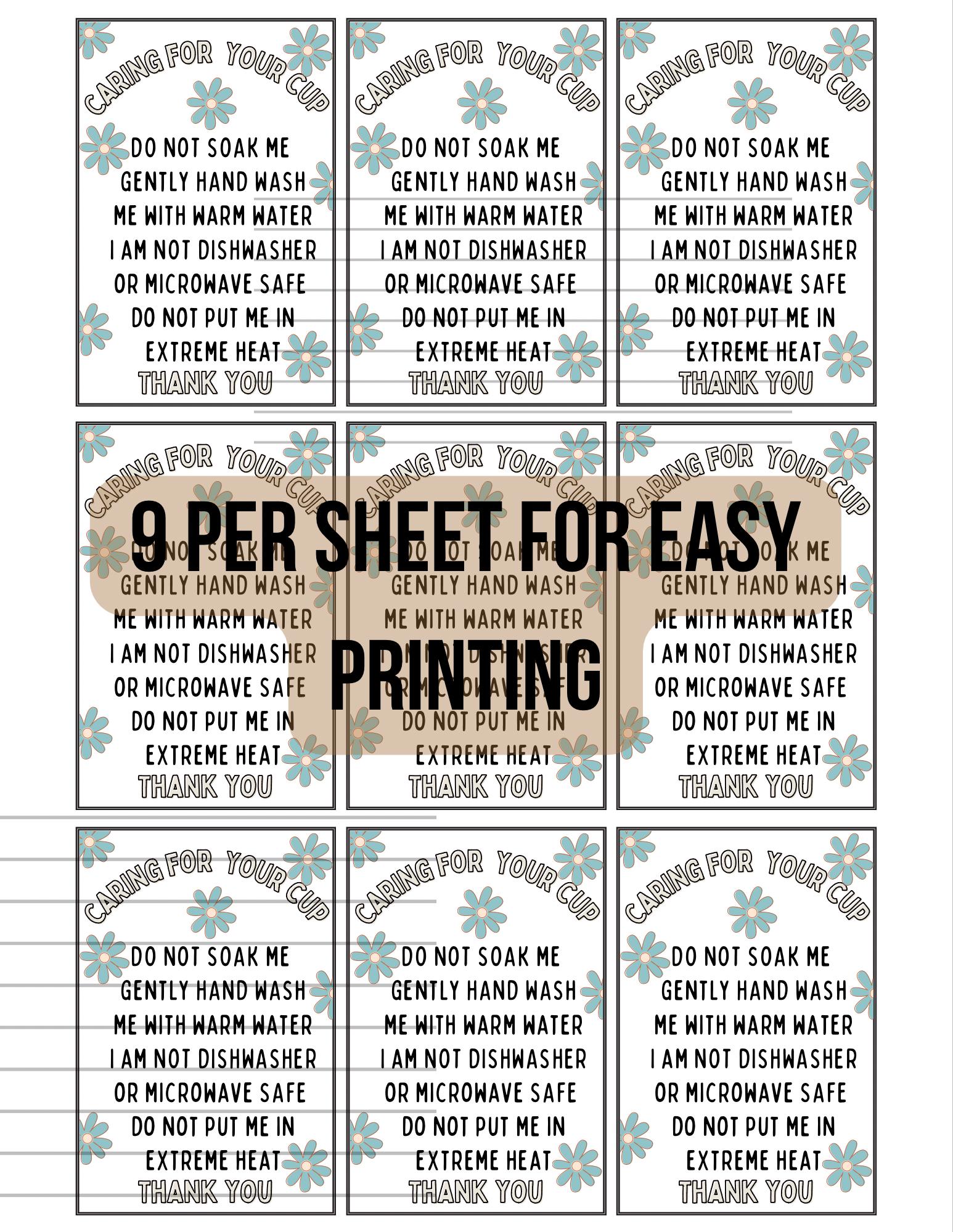 Easy Print Floral Glass Cup Care Printable, Printable Care Instructions ...